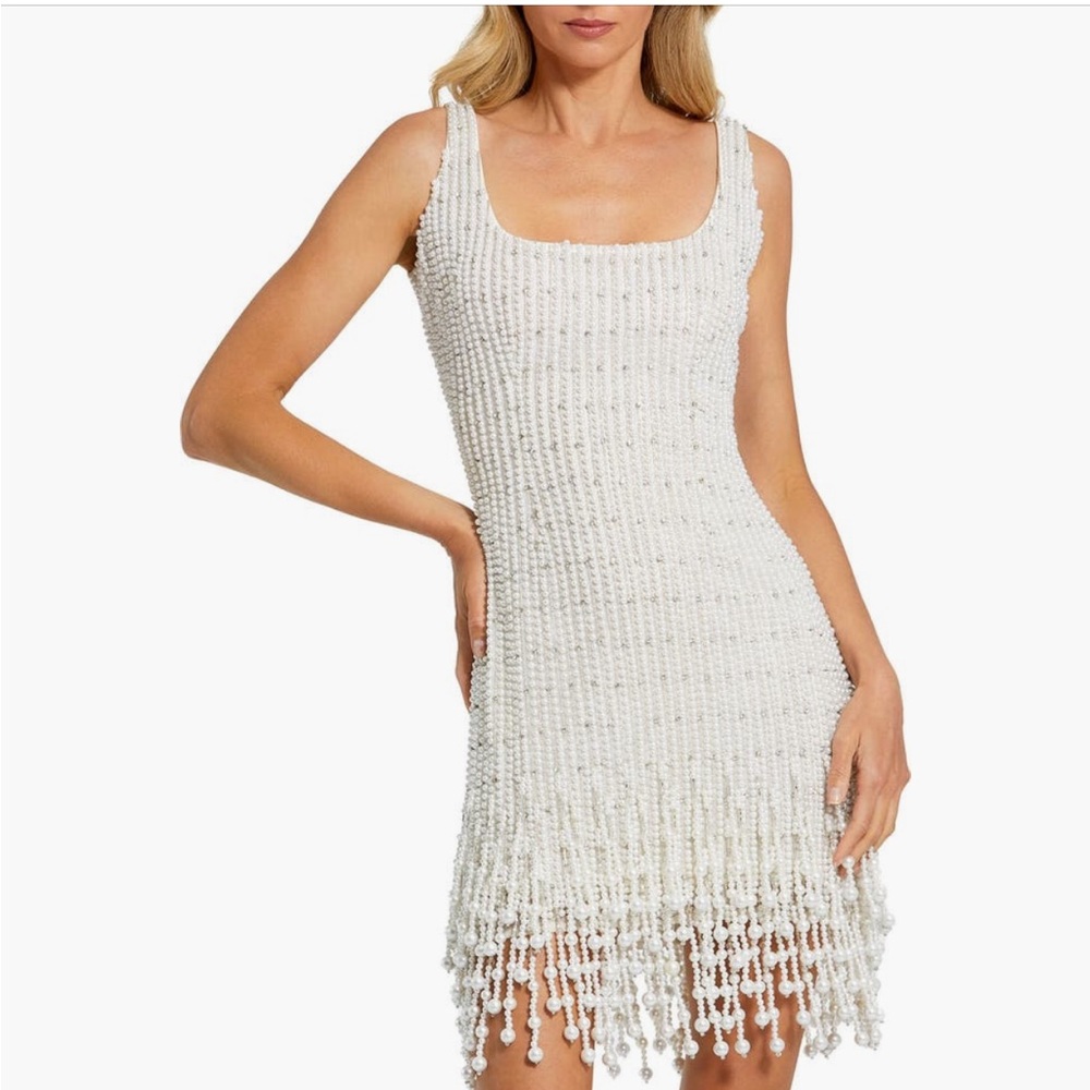 Mac Duggal White Beaded Mini Dress